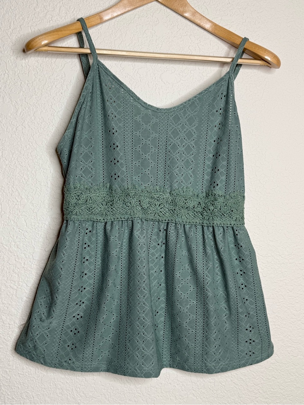Sage Green Eyelet Crochet-Waist Babydoll Cami Tank Top Size L Cottagecore